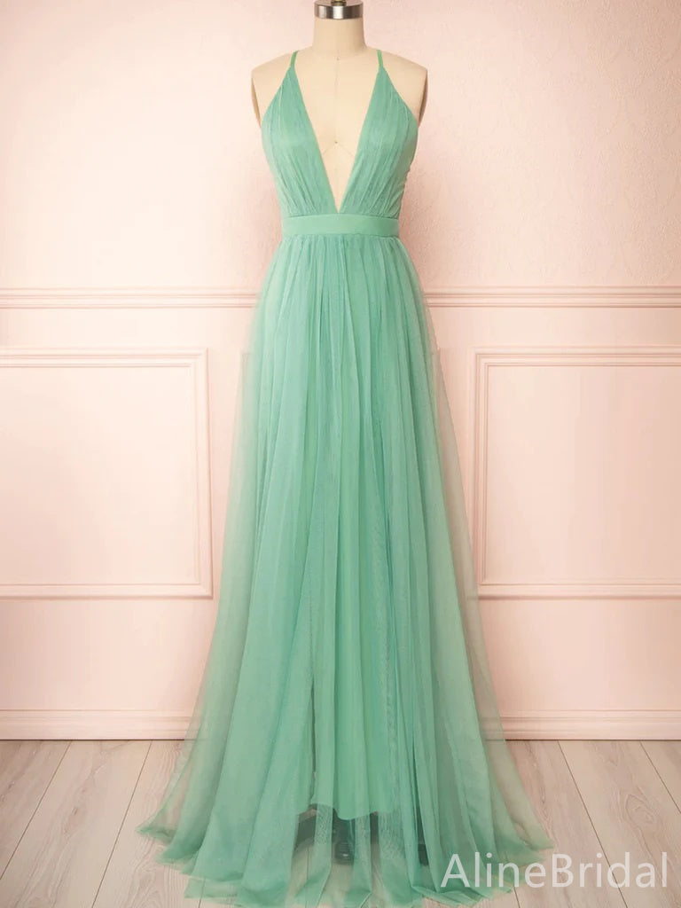 Simple Deep V-neck A-line Long Prom Dress,PD38059