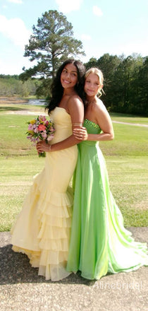 Elegant Strapless Yellow Ruffles Tiered Long Mermaid Prom Dress, Evening Dress PD382233