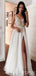 Elegant V-neck A-line Split Side Long Wedding Dresses,WD3086