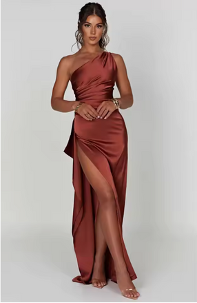 Elegant Reddish - Brown One Shoulder Side Slit Mermaid Long Prom Dress, PD38127