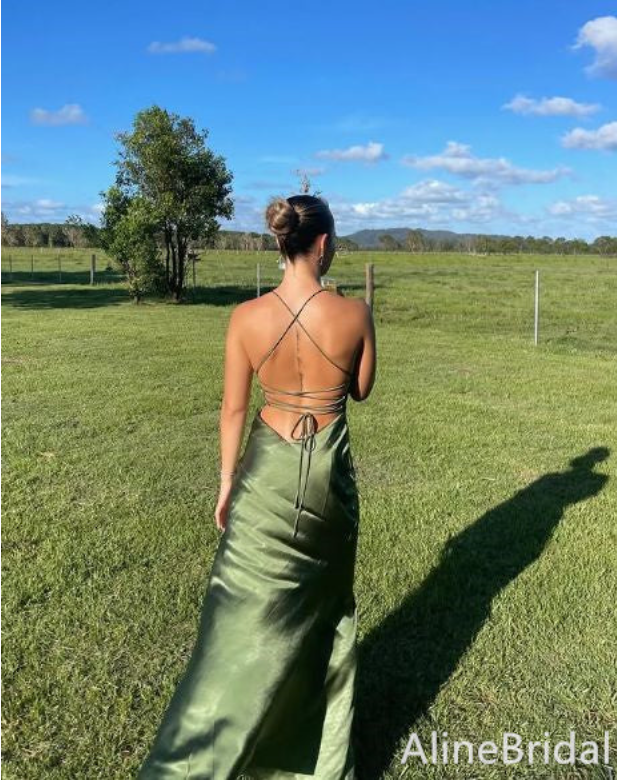 Sexy V-neck Spaghetti Strap Satin Backless Slit Mermaid Long Prom Dress,Evening Dress,PD382171