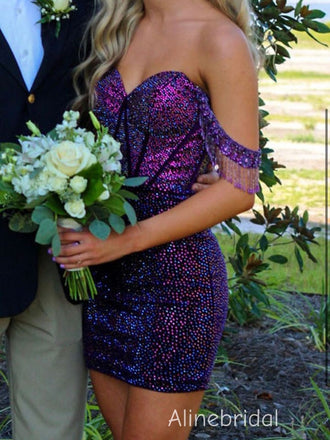 Sparkly Purple Beading Off the Shoulder Tight Short Homeocming Dress with Tassels, HC382287