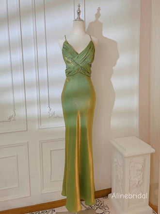 Emerald Green Satin Gown with Crisscross Ruched Bodice, Formal Dress, PD382287