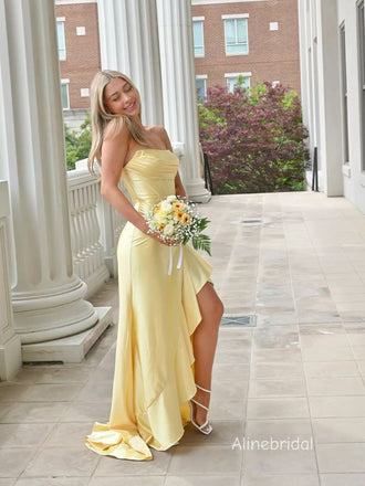 Elegant Pleated Strapless Corset Top Butter Yellow High-low Prom Dress，Formal Dress, PD382266