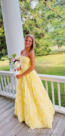 Gorgeous Yellow Strapless Long Layered Tulle Prom Dress, Evening Gown, PD382289