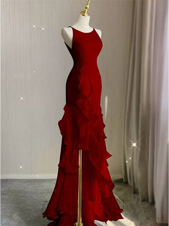 Sexy Scoop Sleeveless Ruffle Mermaid Floor Length Prom Dress, PD3661