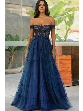 Elegant Dark Blue Off the Shoulder A-line Floor Length Prom Dress, Evening Gown, PD3655