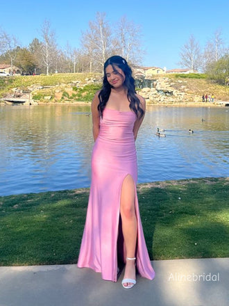 Elegant Spaghetti Straps Square High Slit Pink Maxi Long Mermaid Prom Dress，Formal Dress, PD382269