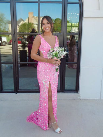 Sparkly V-Neck Backless Pink Glitter Prom Dress with High Slit – Sexy Evening Gown, Prom Dress,PD382262