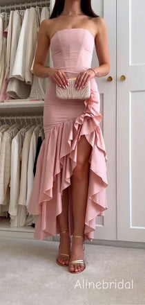 Elegant Strapless Ruffle High Low Pink Prom Dress, Formal Wear, PD382285