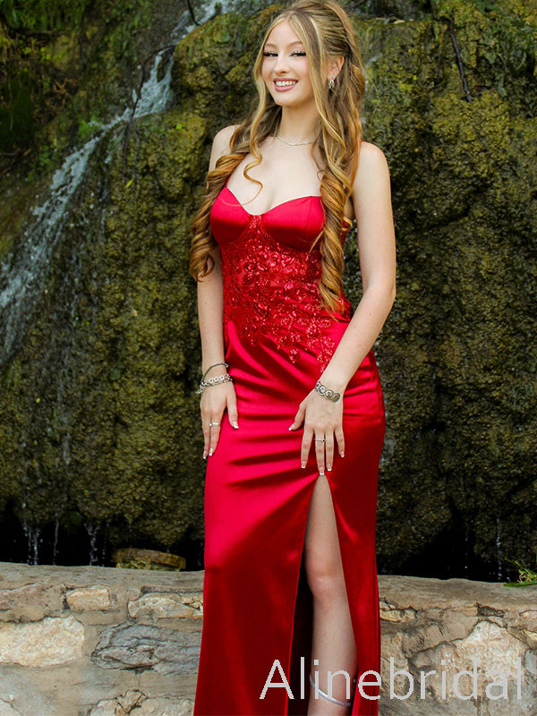 Elegant Red Lace Spaghetti Straps Prom Dress with Slit, Evening Dress, PD3822965