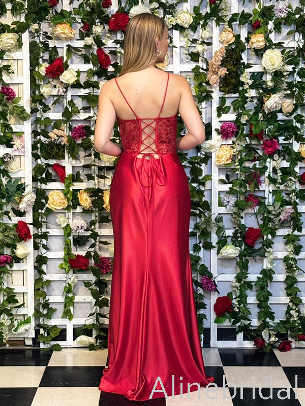Elegant Red Cowl Neck Pleated Lace Applique Prom Dress with Slit, Evening Dress, PD3822966