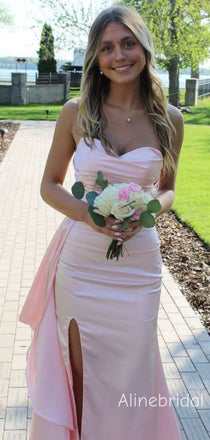 Elegant Side Slit  Strapless Asymmetrical Ruffle Light Pink Long Mermaid Prom Dress，Formal Dress, PD382271
