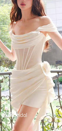 Stunning Off the Shoulder Cowl Neck Corset Top  Pleated Ruffle Ivory Soft Satin Short Homecoming Dress, Mini Skirt, PD382257