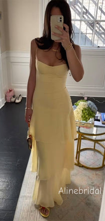 Chiffon Yellow Sweetheart Spaghetti Straps Ruffle Tiered Prom Dress, Party Dress, PD382283