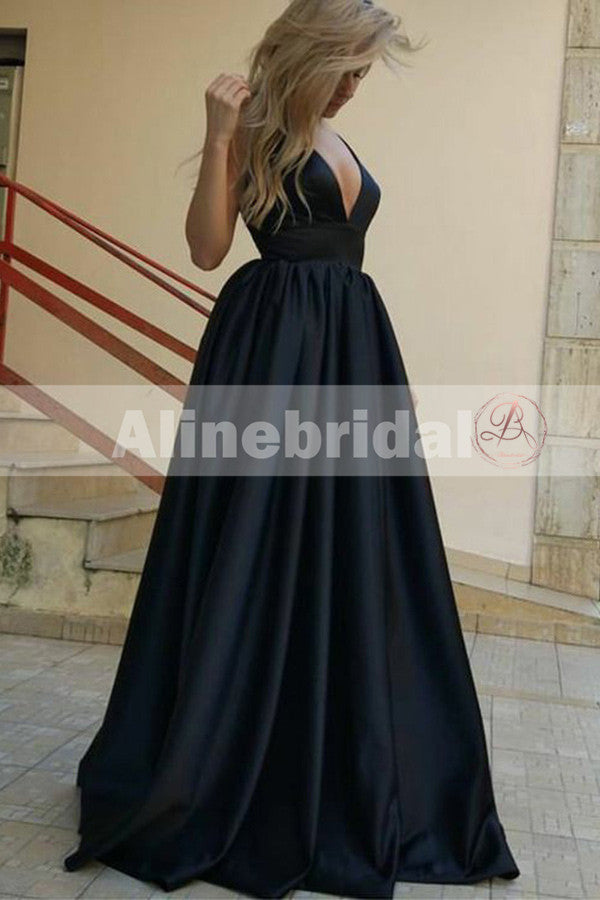 Formal Black Satin V-neck Sleeveless A-line Lace Up Back Charming  Prom Dresses,PD00079