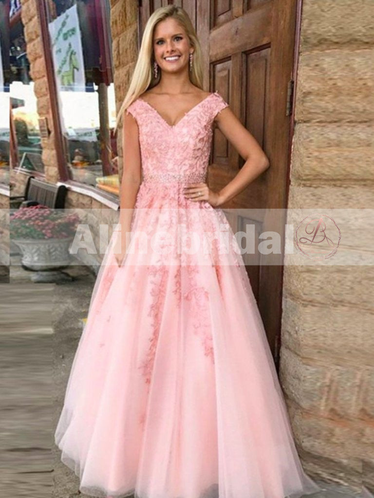 For Teens Pink Lace Appliques Off Shoulder With Beaded Sash A-line Prom Dresses,PD00082