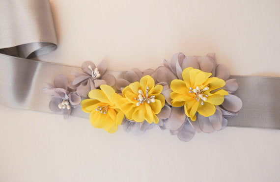 Gray And Yellow Sash, Handmade Flowers Girl Sash, Elegant Satin Sash,Pretty Bridesmaids Sash, SA0010