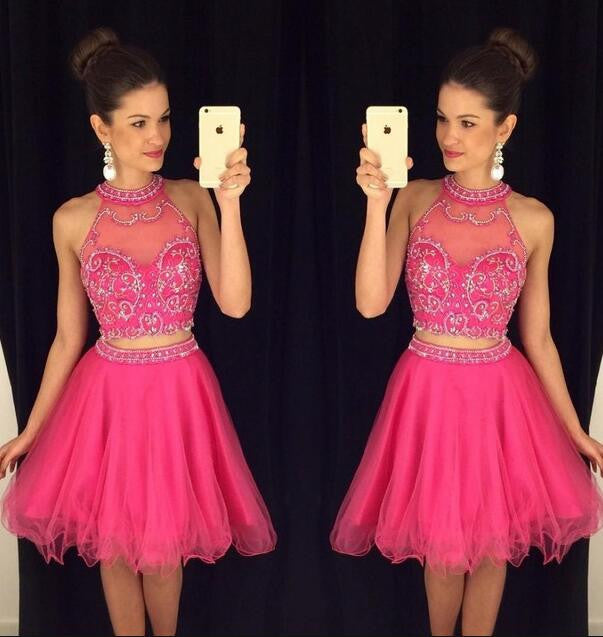 Sexy Two Pieces Beaded Hot Pink Halter Homecoming Prom Dresses, CM0016