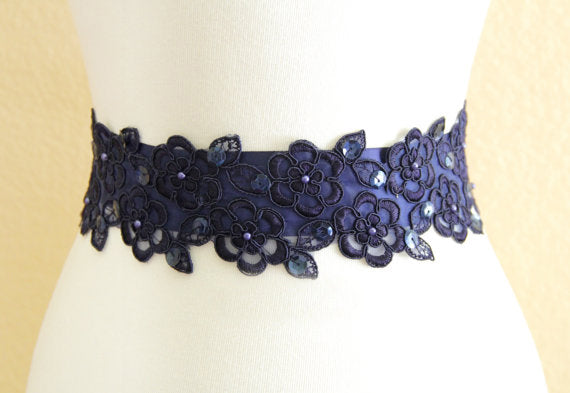 Navy Blue Sash, Elegant Girl Sash, Simple Bridesmaids Sash,Beautiful Lace Appliques Beading Sash, SA0011