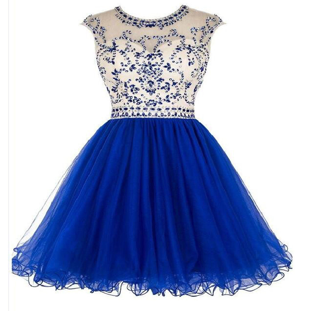 Sexy Open back Royal Blue Short Tulle homecoming prom dresses, CM0008