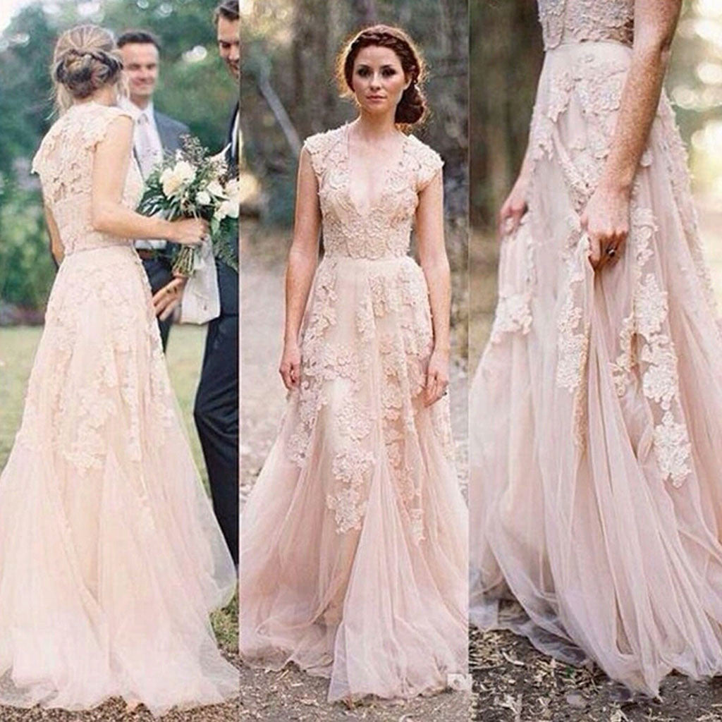 Charming Pink Lace Sexy V-neck Long Sheath Tulle Wedding Party Dresses, WD0139