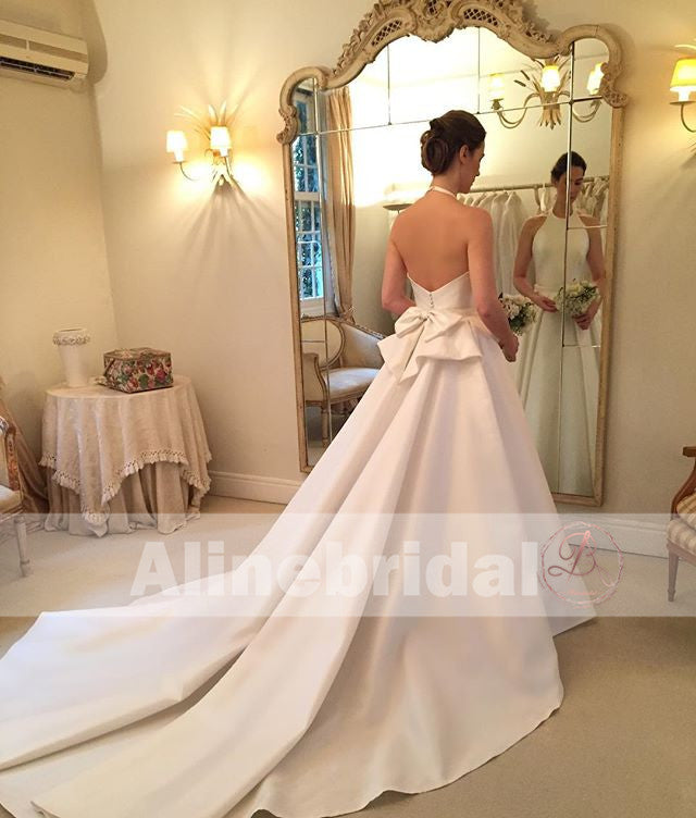 Simple Ivory Satin Elegant Halter With Stunning Bowknot Sweep Train  Wedding Dresses, AB1124