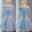 Light Blue off shoulder with short sleeve lace lovely homecoming prom dresses, BD00198