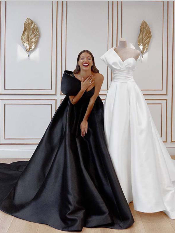 A-line Black White Satin One Shoulder Hot Modest Prom Dresses PD1961