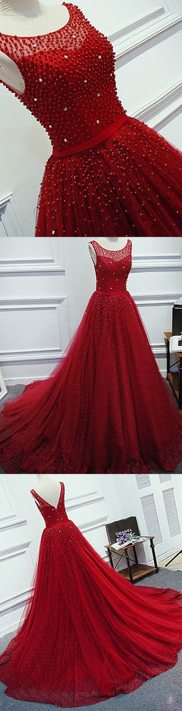 Red Beading Sparkly Unique Ball Gown Round Neck Formal Elegant Long Prom Dresses. BD0241