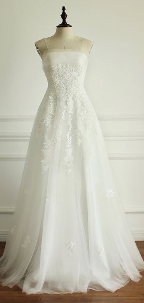 Long Generous Beach Wedding Pleating Tulle Straight Across A-line Appliques Lace Up Back  Wedding Dress, AB1097