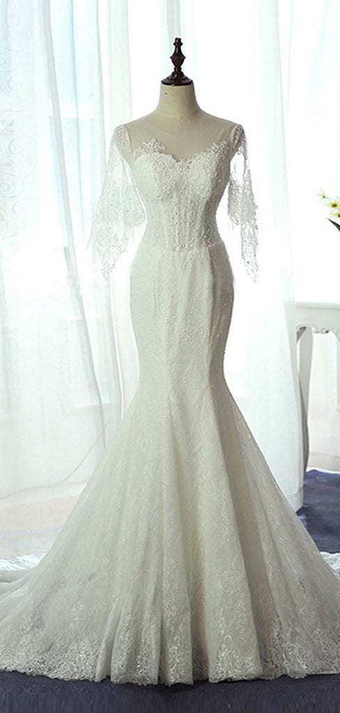 Unique Half Sleeve Yarn Lace Up Back Full Lace Beading Elegant Mermaid  Chapel Trailing Wedding Dress, AB1103