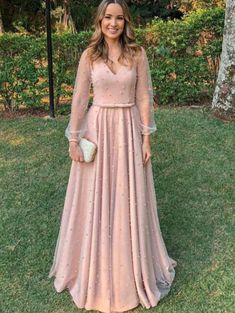Elegant Pink V-neck Long Prom Dress with Tulle Sleeve, Mother of the Brides Dress, PD0850