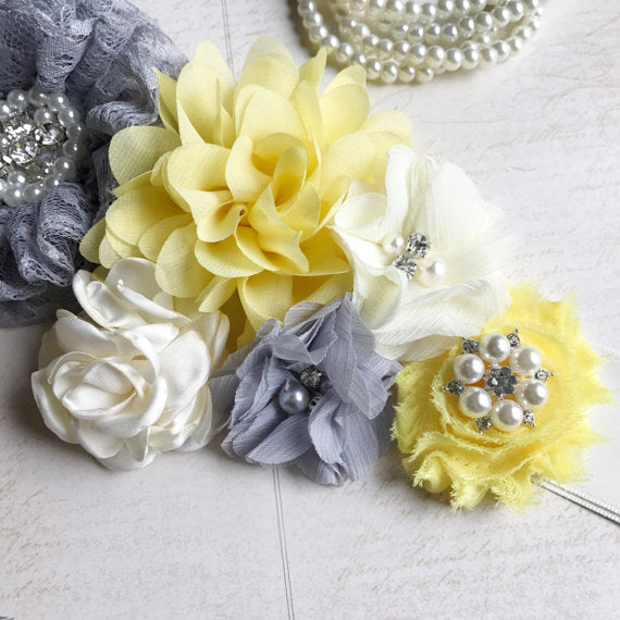 Gray Yellow Handmade Flowers With Beading Girl Sash, Bridesmaids Sash,Elegant Beading Sash, SA0002