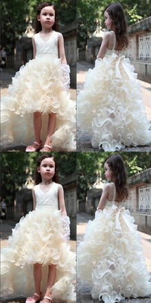 V-neck Hi-low Ivory Flower Girl Dresses, Cute Cheap Tutu Dresses, FG014