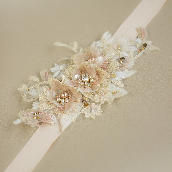 Ivory Dusty Pink Floral Bridal Belt,Wedding Belt, Girl Sash,Lace Appliques Wedding Sashes, SA0033