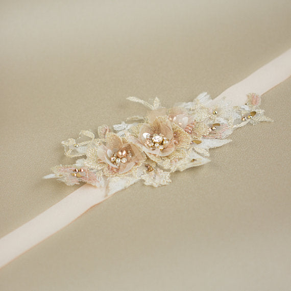 Ivory Dusty Pink Floral Bridal Belt,Wedding Belt, Girl Sash,Lace Appliques Wedding Sashes, SA0033