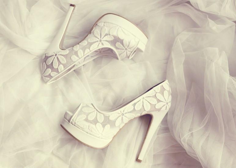 Lace Fish Toe White High Heels Wedding Bridal Shoes, S015