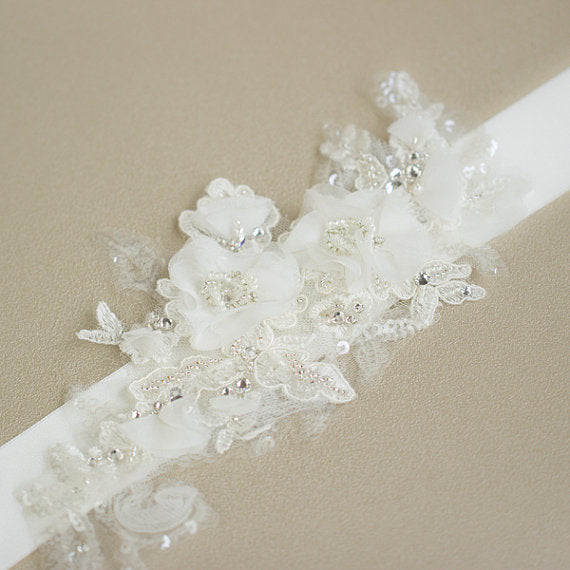 White Floral Bridal Belt,Wedding Belt,Beading Girl Sash,Lace Appliques Wedding Sashes, SA0029