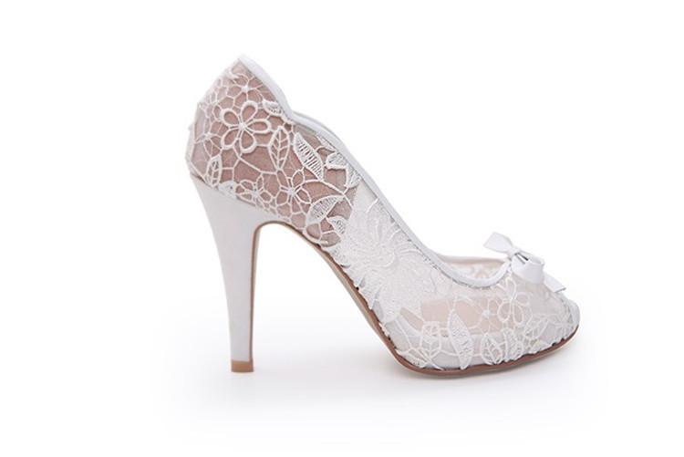 Ivory Lace High Heels Fish Toe Sexy Wedding Bridal Shoes With Tow, S020