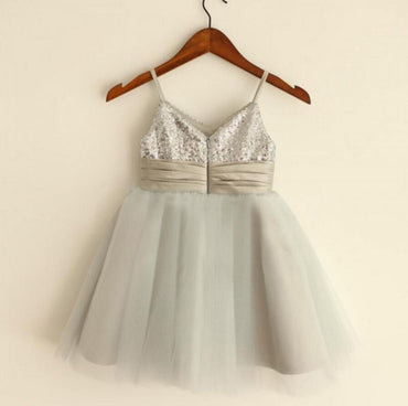 Sparkly Spaghetti Strap V- Neck Light Gray Tulle Flower Girl Dresses With Handmade Flower , FGS027