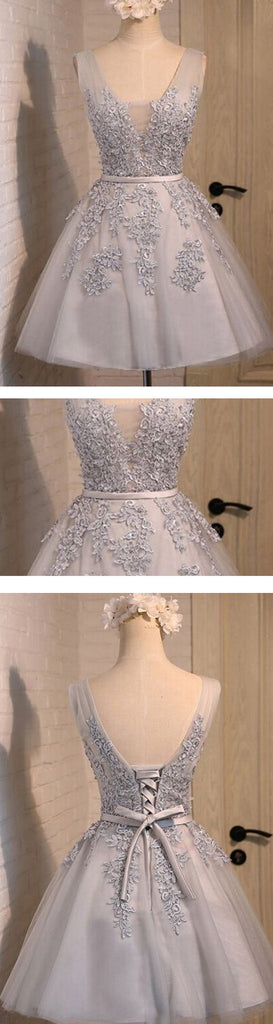 Off shoulder Grey lace Cute Tulle homecoming prom dresses, CM0023