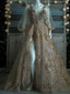 Elegant V-neck Long sleeves Side slit  A-line Long Prom Dress, PD3623