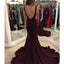 Long Burgundy V-Back Mermaid Simple Formal Evening Prom Gown Dress, PD0215