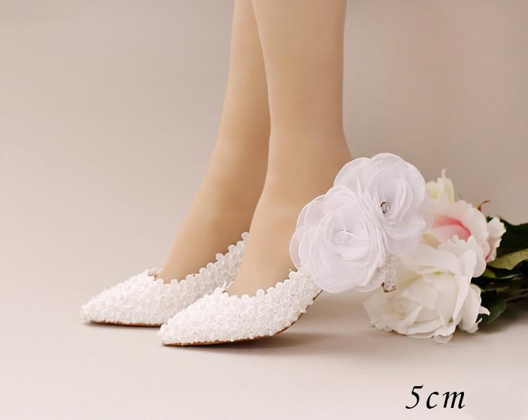 Pointed Toe Lace Pearls Wedding Shoes With Handmade Flowers, S033