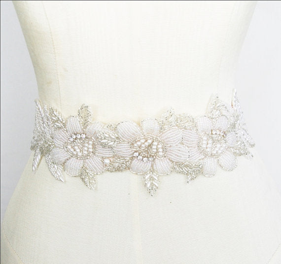 Gorgeous Crystal Rhinestone Bridal Belt, Pearl Bridal Belt,Beaded Flower Wedding Belt, White Sash, SA0037