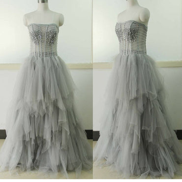 Light Gray Strapless Unique Vintage Formal Ball Gown Prom Dresses. PD070