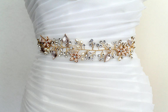 Rose Gold Floral Bridal Belt,Wedding Belt,Crystal Rhinestones Girl Sash, Leaves Sashes, SA0027