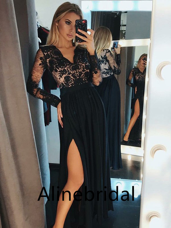 Sexy V-neck Long sleeves Side slit A-line Long Prom Dress, PD3529