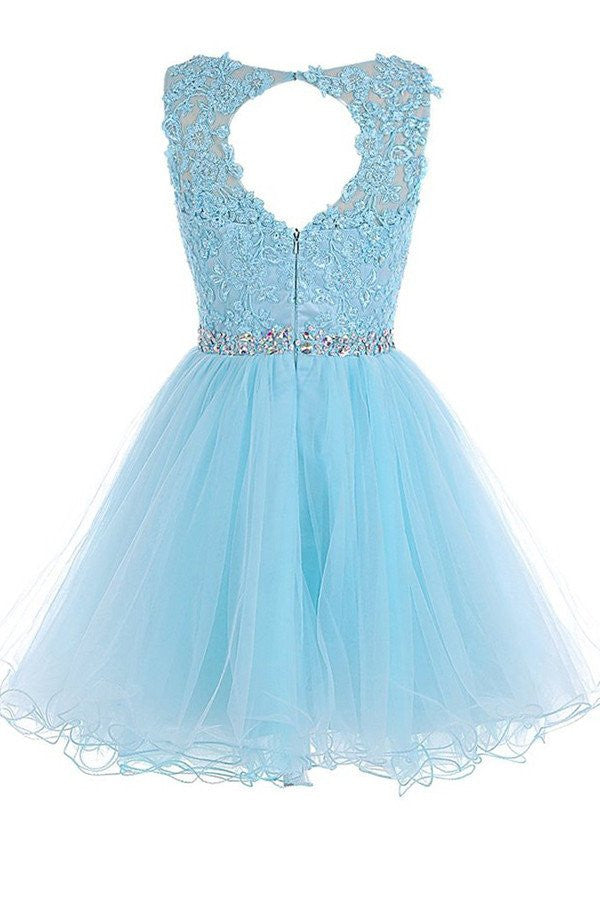 Sexy Open back Light Blue lace Tulle homecoming prom dresses, CM0020